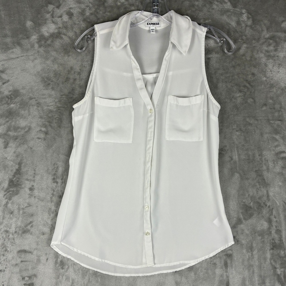 Express Womens Sleeveless Button Down Blouse White Small Collared Pockets V19